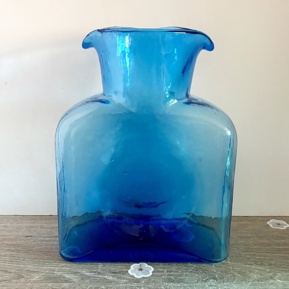 Vintage Blenko Art Glass Azure Blue Double Spout Water Bottle Pitcher Carafe 8"